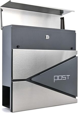 Поштовий ящик Verda з газетницею, нержавіюча сталь, антрацит, 2 ключі - дизайнерський настінний поштовий ящик з прихованим замком