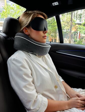 Подушка для шиї, туристична, з піною з пам'яті, для авто, поїздів та літаків, комплект з маскою для очей та берушами (темно-сіра)