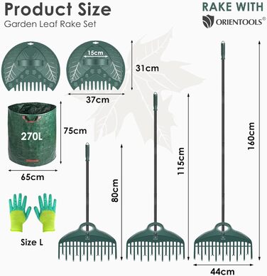 ORIENTOOLS Gardening Tools Set, Gardening Work Set with Garden Rake 160cm, Leaf Rake, Gloves, Garden Waste Bag, Gifts for Garden Lovers