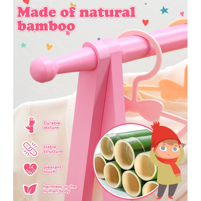 Relquorax Bamboo Children's Clothes Rack with Storage Bag and Clothes Rail, Dress-up Stand, Small Wardrobe Rack, for Costumes in Children's Rooms (Pink)