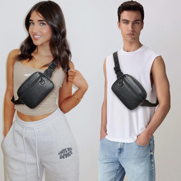 Чоловіча та жіноча поясна сумка, 2 л, веганська шкіра, коричнева, 8 дюймів, для подорожей, піших прогулянок, бігу. Модна бананка (чорна)