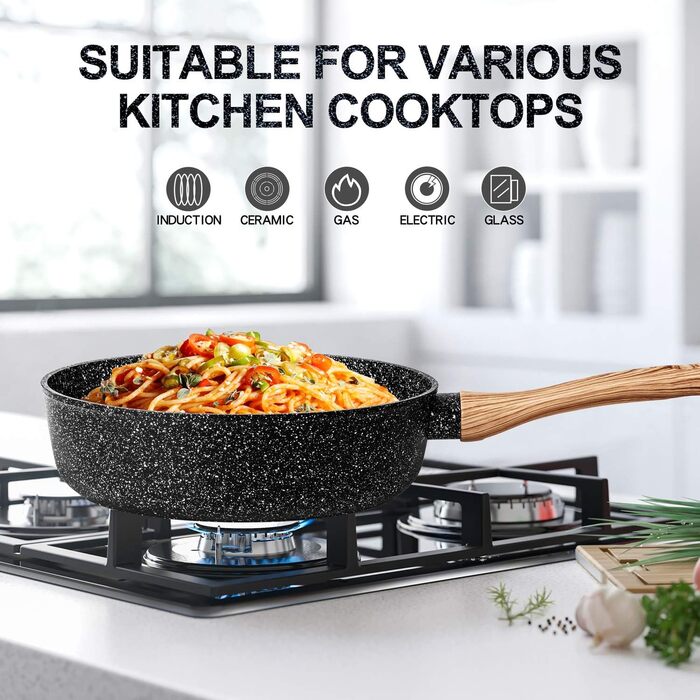 Сковорода з антипригарним покриттям Michelangelo з кришкою 28 см, глибока сковорода з кришкою, каструля 28 см, сковорода з антипригарним покриттям з м'якою бакелітовою ручкою, для індукційних плит, чорна