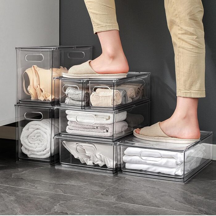 Refrigerator Organizer Drawer Set with Handle, 3-Piece Stackable Kitchen Storage Boxes with Pull-Out Drawer & Lid for Vegetables, Berries, Meat | PET Plastic Food Storage Containers (2 packs with drawer - 6L * 2)