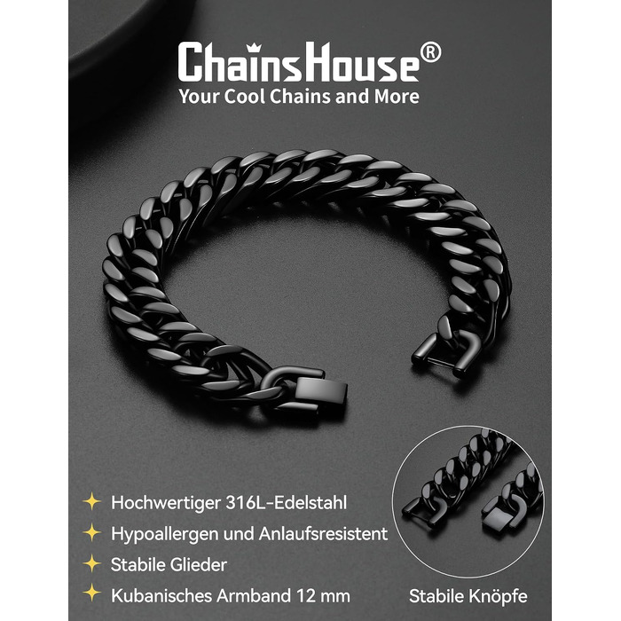 Чоловічий браслет-ланцюг Panzer від ChainsHouse з нержавіючої сталі, стиль хіп-хоп, чорний (ширина 12 мм, довжина 21 см) у подарунковій коробці