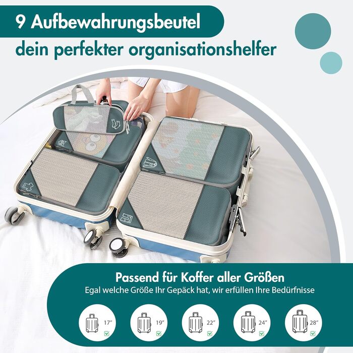 Органайзер для валізи, набір Packing Cubes (9 шт.) з компресією та чохлом для взуття, сірий. Водонепроникні та дихаючі кишені для подорожей та переїзду.