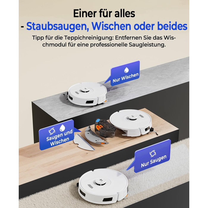 Робот-пилосос Redkey R11 з функцією миття, 20000Pa, док-станція 4L, захист від намотування волосся, LiDAR навігація, керування через додаток, для килима та шерсті тварин, білий