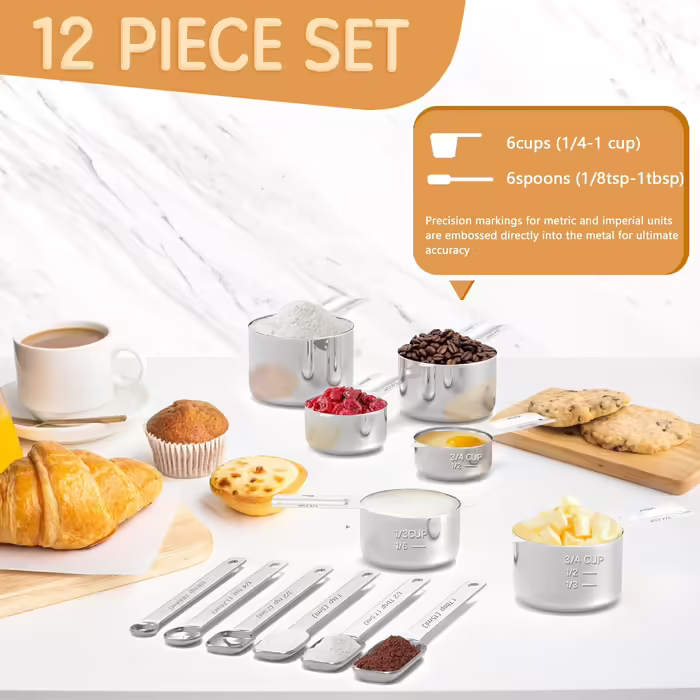Stainless Steel Measuring Cup and Spoon Set for Cooking and Baking, Nesting Measuring Cups, Measuring Spoons, Kitchen Utensils, 12 Piece