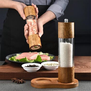 Salt and Pepper Grinder Set of 2 with Coasters, Manual Pepper Grinder, Wooden Salt Grinder, Adjustable Ceramic Grinder for Spices, Pepper, Salt, Height: 21.5 cm