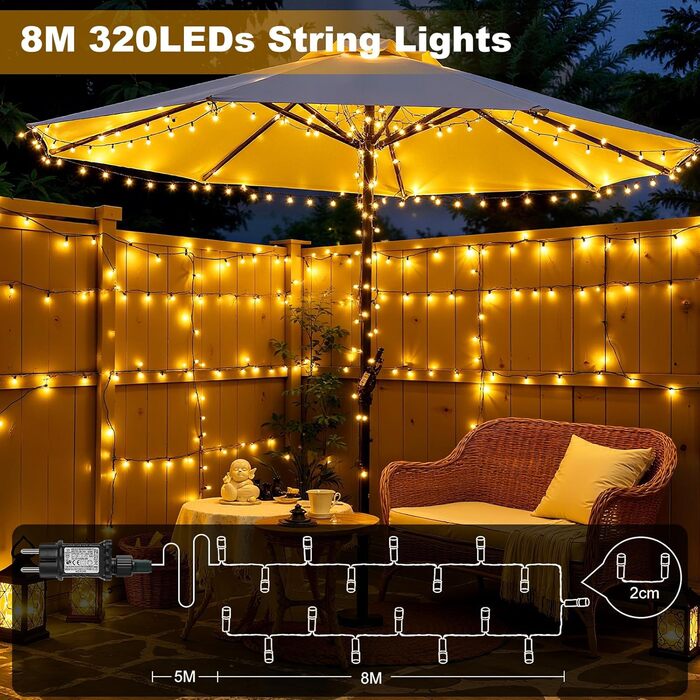 LED гірлянда для прикраси зовні та всередині: 20 метрів, 1000 LED, таймер, 8 режимів, вологостійка, тепле світло. Підходить для ялинки, саду, балкону, весілля