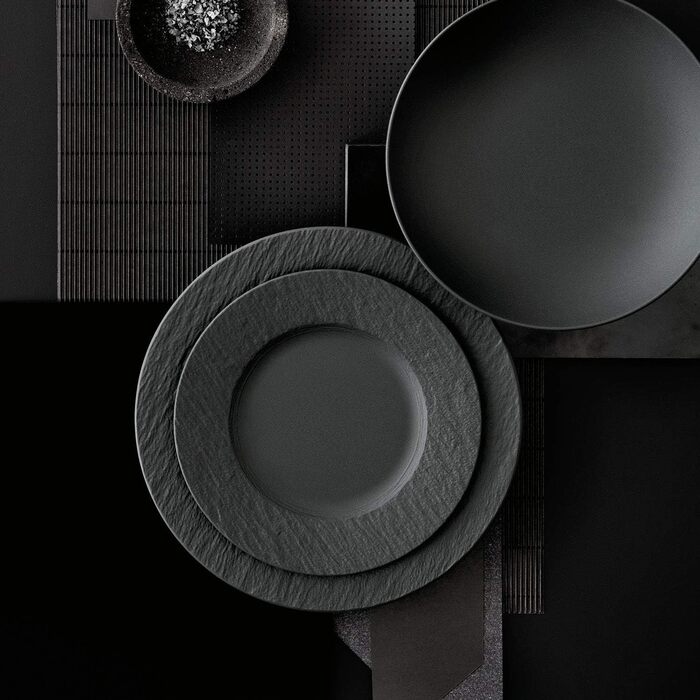 Тарілка для сніданку Villeroy & Boch Manufacture Rock 22 см, чорна, преміум порцеляна, матова, шліферна текстура, для посудомийної машини та мікрохвильовки