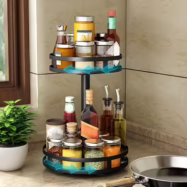 Обертовий двоярусний кухонний органайзер Lazy Susan, чорний, для робочої поверхні, кутова полиця без свердління