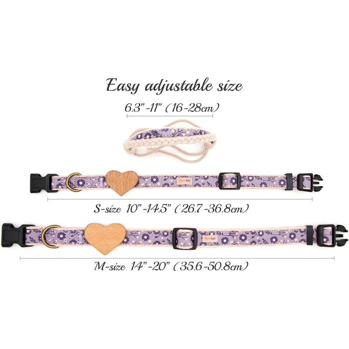 Нашийник для собак Pettsie з серцем та браслетом дружби, регульовані розміри S та M, комфортний дизайнерський льон, міцний та довговічний, чудовий подарунок для любителів собак, фіолетовий 35,6 - 50,8 см (M) Фіолетовий