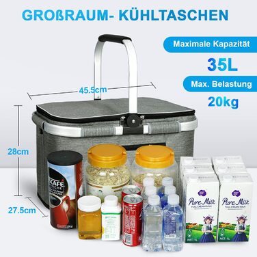 Термосумка-кошик 35L для покупок, пікніків, кемпінгу та подорожей. Ізольована термосумка-кошик сірого кольору з водонепроникним внутрішнім кишеньком та бічною підтримкою.