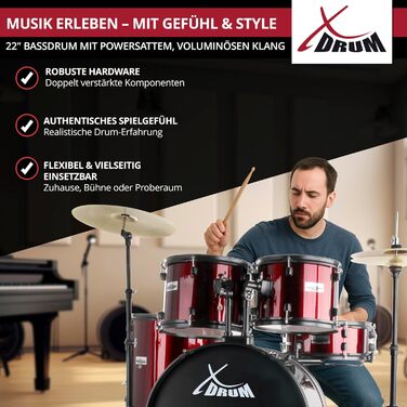 XDrum Rookie 22' барабанний комплект Ruby Red - ідеальний для початківців, стильна фурнітура, з паличками 5B та інструкцією