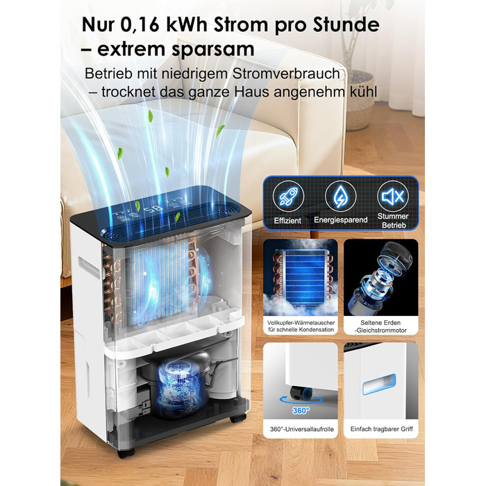 Електричний осушувач повітря з автоматичною та безперервною подачею води (шланг у комплекті), для спалень та підвалів, LED-дисплей, тихий з таймером (12л/день)