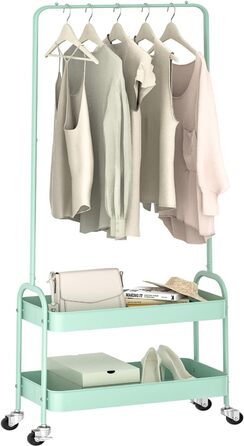 Clothes Rack Coat Stand, Clothes Rail Wheels, Bedroom Clothes Rack, Freestanding Shelf Cart 2 Tier Storage Shelf, Heavy-Duty Rolling Cart Utility Cart Green, WK830503-GN