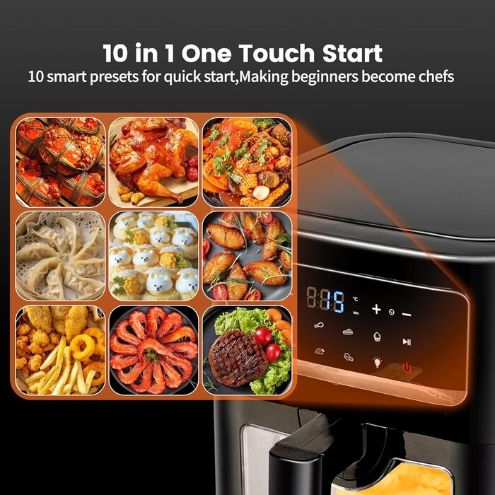 Фритюрниця повітряна 7L з вікном та сенсорним екраном – Airfryer з 10 програмами, функцією підігріву, підсвічуванням | Безжирне приготування | Без BPA та PFAS