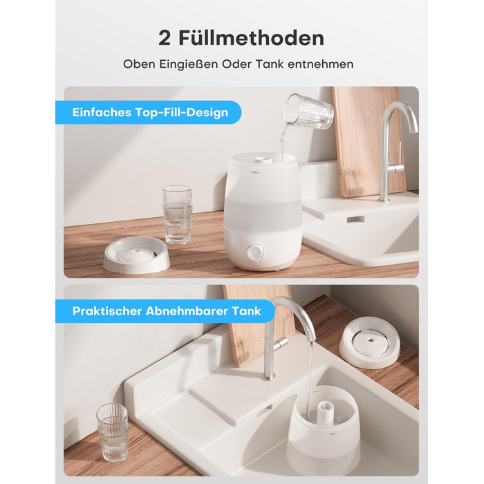 Зволожувач повітря AROEVE для спальні, 2,5л, 250 мл/год, дифузор для ефірних олій, автовимкнення, 25 дБ, тихий для дітей та рослин, білий