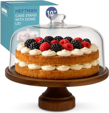 Підставка для тортів HEFTMAN 25,4 см з куполоподібним кришкою – 2-в-1 антиковзаюча підставка з акації з прозорою кришкою з акрилу для тортів, випічки, сирних дощок – ідеально для дня народження, весілля, святкування