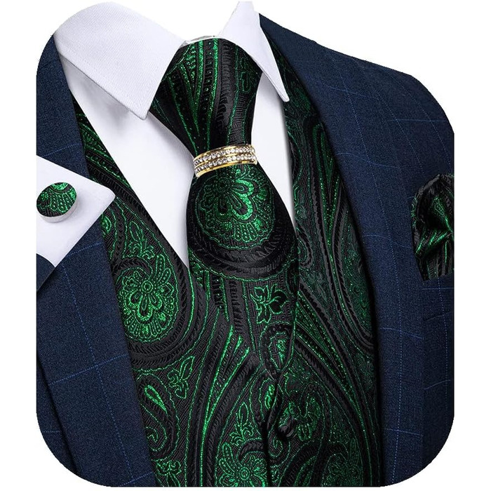 Костюмний жилет DiBanGu 5 шт. (жилет, краватка, нагрудна хустинка, запонки, кільце для краватки) XL, зелений/чорний
