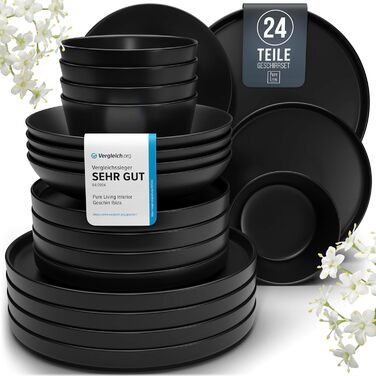 Matte Black Stoneware Dinnerware Set for 6 - 24 Piece Set | Pure Living | Urban Style Dinner Set