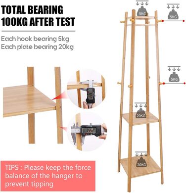 Bamboo Clothes Rack Coat Stand with 8 Hooks and 3 Shelves for Shoes, Hats, and Scarves, for Hallway, Living Room, and Guest Room