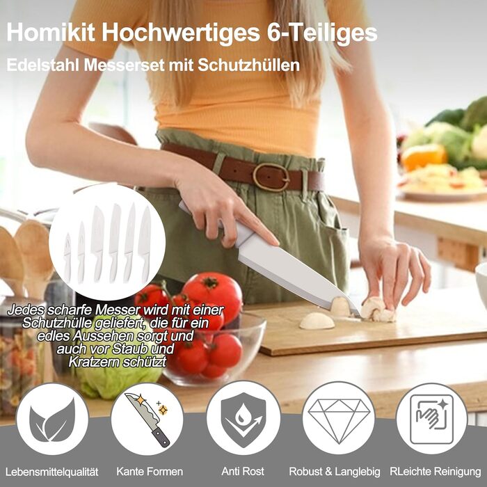 Набір кухонних ножів Homikit, нержавіюча сталь, 6 предметів, з захисним чохлом. Включає: кухарський ніж, ніж для м'яса, ніж для хліба, універсальний ніж, ніж для очищення овочів, сатокі. Антипригарне покриття, Khaki