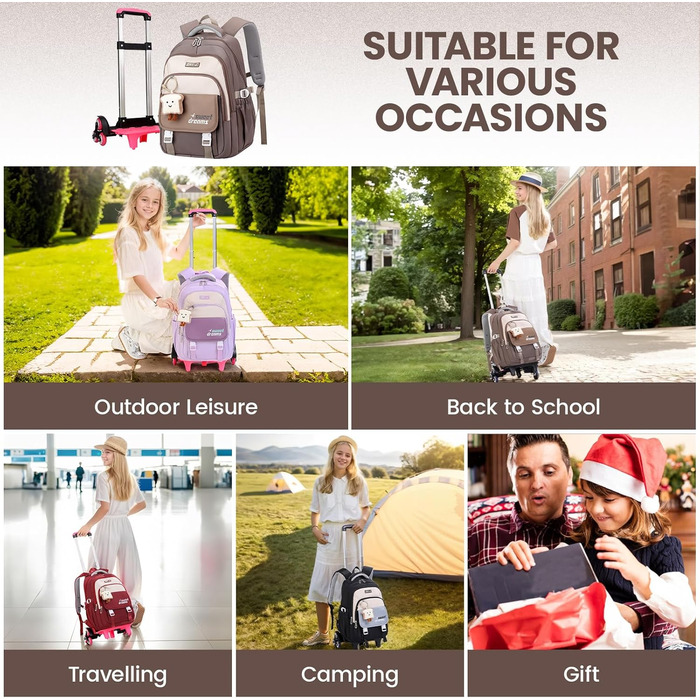 Шкільний рюкзак-роликовий для дівчаток-підлітків, 36L, зелений (коричневий)