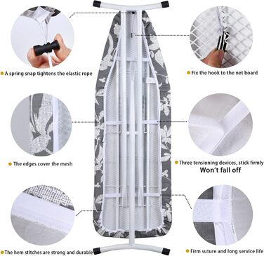 Чохол для гладильної дошки, 140 x 50 см, великий, з бавовняним покриттям, посилений, антибац. сірий квітковий, XXL