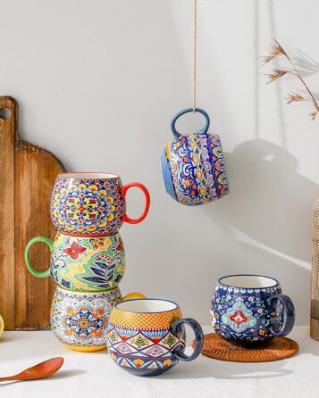 HENXFEN Cappuccino Cup Set, 600ml Porcelain Coffee Cups with Handle, Set of 6 Porcelain Cups for Tea, Coffee, Milk, Cappuccino with Pattern and Colorful - Bohemian Style