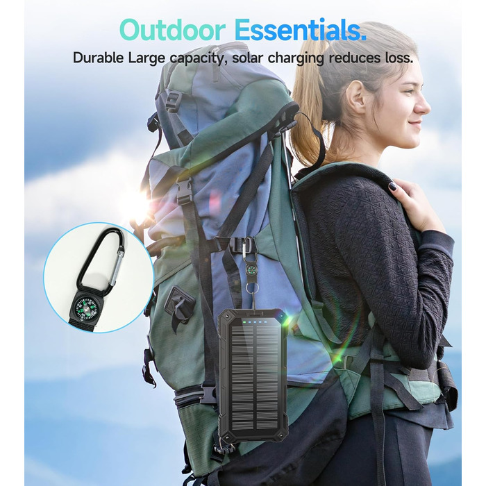 Портативний зарядний акумулятор Solar Powerbank 56800mAh з сонячною панеллю, 30W PD, 3.0A USB-C, 3 порти (2 USB та 1 Type-C), бездротовий заряд 15W, LED-індикатор, ліхтарик, чорний