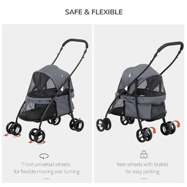 Дитяча візок для собак PawHut, сірий та чорний, 82x47x97 см, з регульованим дахом, кишенею та повідками