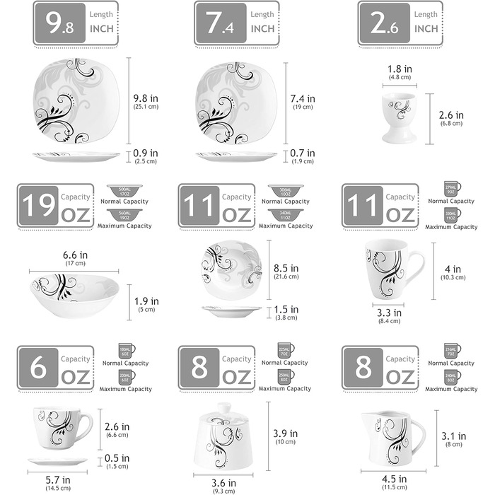 Набір посуду VEWEET на 6 осіб, 18-piece, порцеляна, тарілки для їжі, десерту та супу, комплект посуду на 6 персон