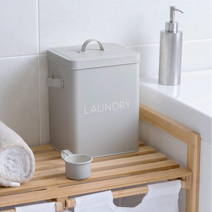 Navaris Laundry Detergent Box with Measuring Spoon - Metal Storage Box for Detergent - Laundry Dose Lid - Vintage Washing Powder Box Container - white (Grey)
