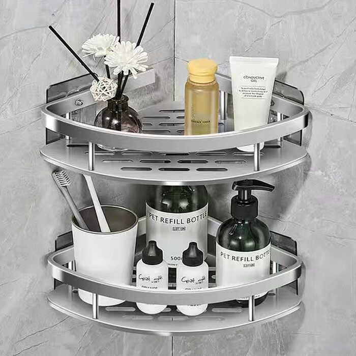 Поличка для душу JUVEL без свердління, кутова, 2 шт., матове покриття, захист від іржі. Дзеркальна поверхня, підставка для шампуню. Органайзер для душу, кухні, ванної кімнати. Легка установка (сріблястий)