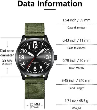 Годинник чоловічий CIVO водонепроникний з надійним ремінцем з нейлону, аналоговий кварц, великі цифри, світловідбиваючий, спортивний, для активного відпочинку, легкий у читанні, ідеальний подарунок (нейлон, B-2 зелений/чорний)