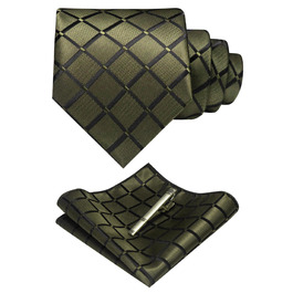 Чоловіча краватка та хустинка JEMYGINS для весілля в клітку, зажим для краватки, однотонний оливковий