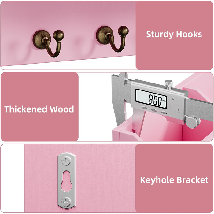Настінна органайзер для ключів з 6 гачками та шухлядою, дерев'яний, для дому, офісу, прихожої (білий, рожевий)