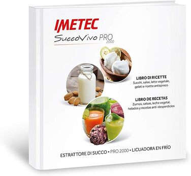 Imetec Succovivo Pro 2000 Professional Cold Juicer with slow press, 48 RPM, 2 filters for juice, accessories for granite and sorbets, set for beauty masks with two recipe booklets