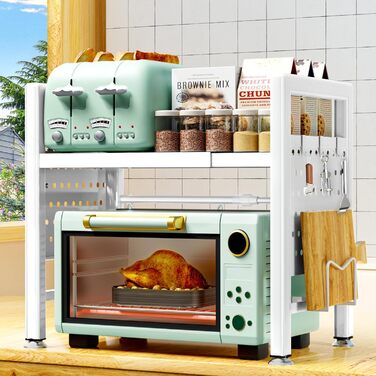 Підставка для мікрохвильової печі, 2-рівнева, розширювана 40-65см, з 6 гачками, для кухонного ножа, біла