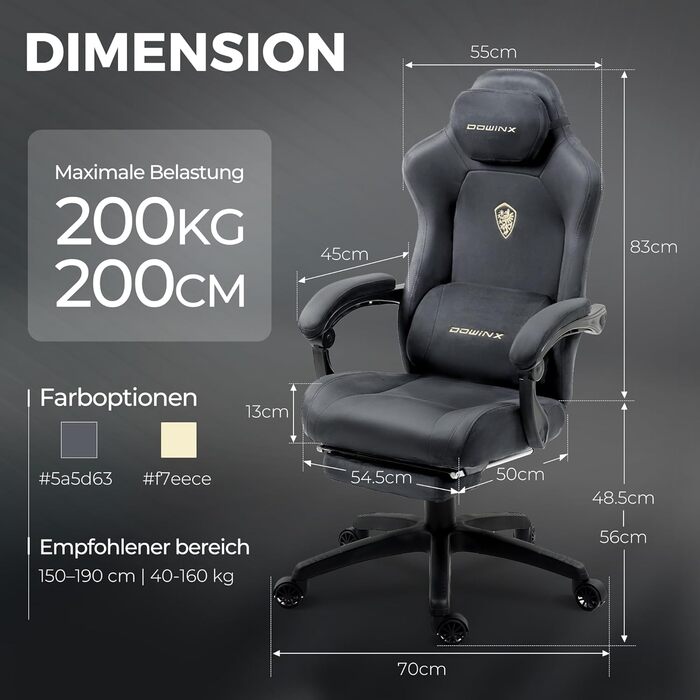 Ігровий крісло Dowinx з ергономічною підтримкою попереку, мікрофіброю велюром, товстим сидінням, висувною підніжкою, регульованими підлокітниками, нахилом 160°, сірий/темно-сірий колір