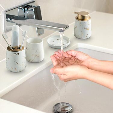 Набір аксесуарів для ванної кімнати – 4 шт. з ефектом темного зеленого мармуру: дозатор мила, тримач для зубних щіток, попільничка, мильниця (білий)