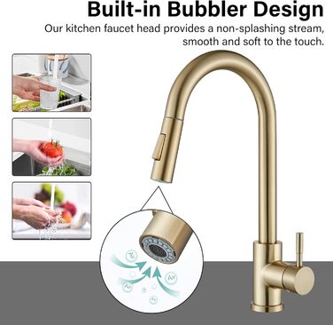 Знімна кухонна змішувач з 2 функціями, золото, 360° поворот, для кухонної мийки, однорідний змішувач, холодна та тепла вода, золотий матовий