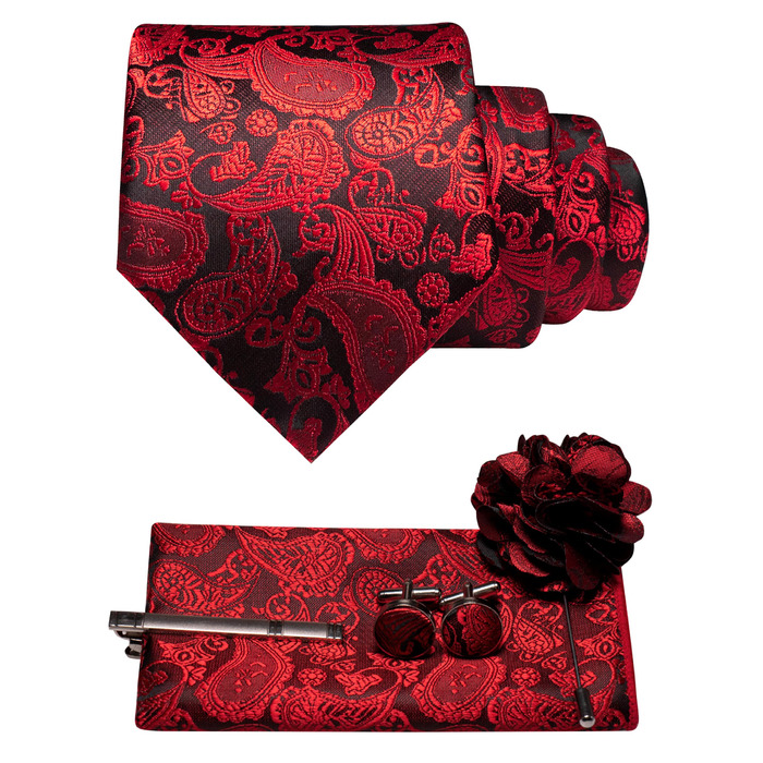 Краватка чоловіча JEMYGINS з нагрудним хустиною, краваткотримачем, брошшю та застібками на манжетах, квітковий принт, червона