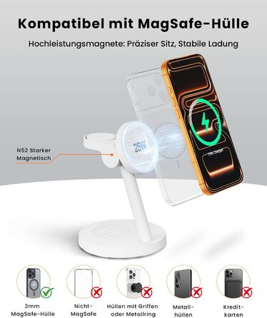 Зарядна станція JoyGeek 3-в-1 з магнітною індукцією 25W для iPhone 17/16, Apple Watch, Samsung Watch та AirPods. Білий матовий.
