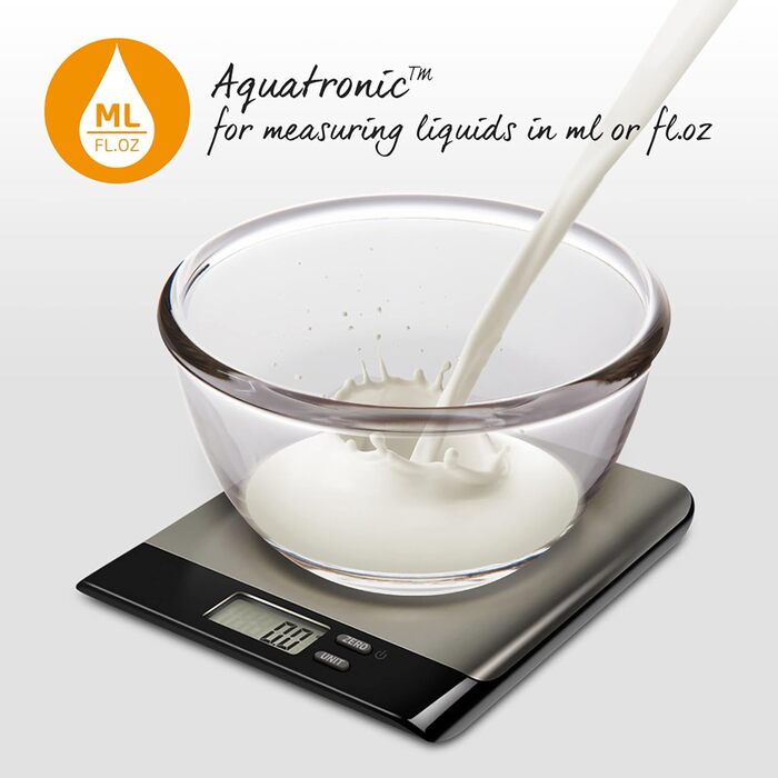 Кухонні ваги Salter Arc Pro: цифрові, з нержавіючої сталі, LCD дисплей, функція тарування, 5 кг, чорний колір