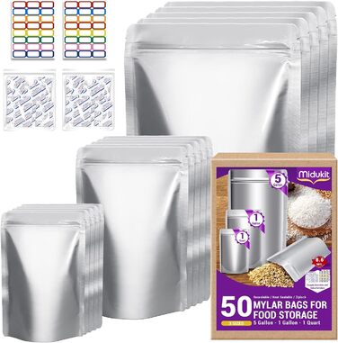 Mylar bags with oxygen absorbers for food, 43.5 x 71 cm, 25 x 35 cm, 1 Quart 15 x 22 cm, 8.6 Mil, Mylar bags with oxygen absorber 23000cc + Labels, vacuum sealer bags (50 pieces)