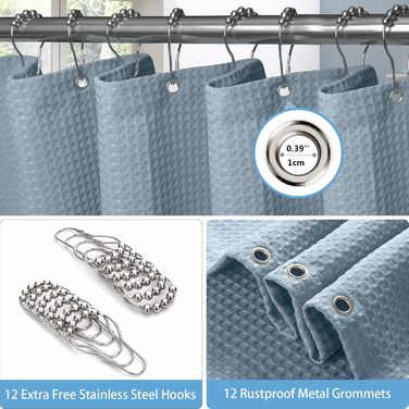 Штора для ванної кімнати Waffel з кільцями, 182x182 см, біла (вафельний малюнок, блакитний місячне світло), водовідштовхувальна, антигрибкова