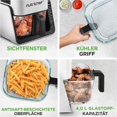 Фритюрниця NutriChef з подвійною камерою, 8л, Airfryer, з вікном, 360°C, 9 програм, антипригарне покриття, миється в посудомийній машині, для смаження, гриля та випікання, 1700W