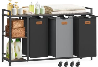 VASAGLE Laundry Basket with 3 Compartments, Laundry Collector 150 L, Laundry Sorter, Wheels, Laundry Cart with Shelves, Laundry Bag, with Removable Bags, 6 Labels, Chestnut Brown-Ink Black-Dove Gray BLH312B01